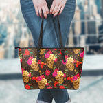 Vintage Flowers Skull Pattern Print Leather Tote Bag