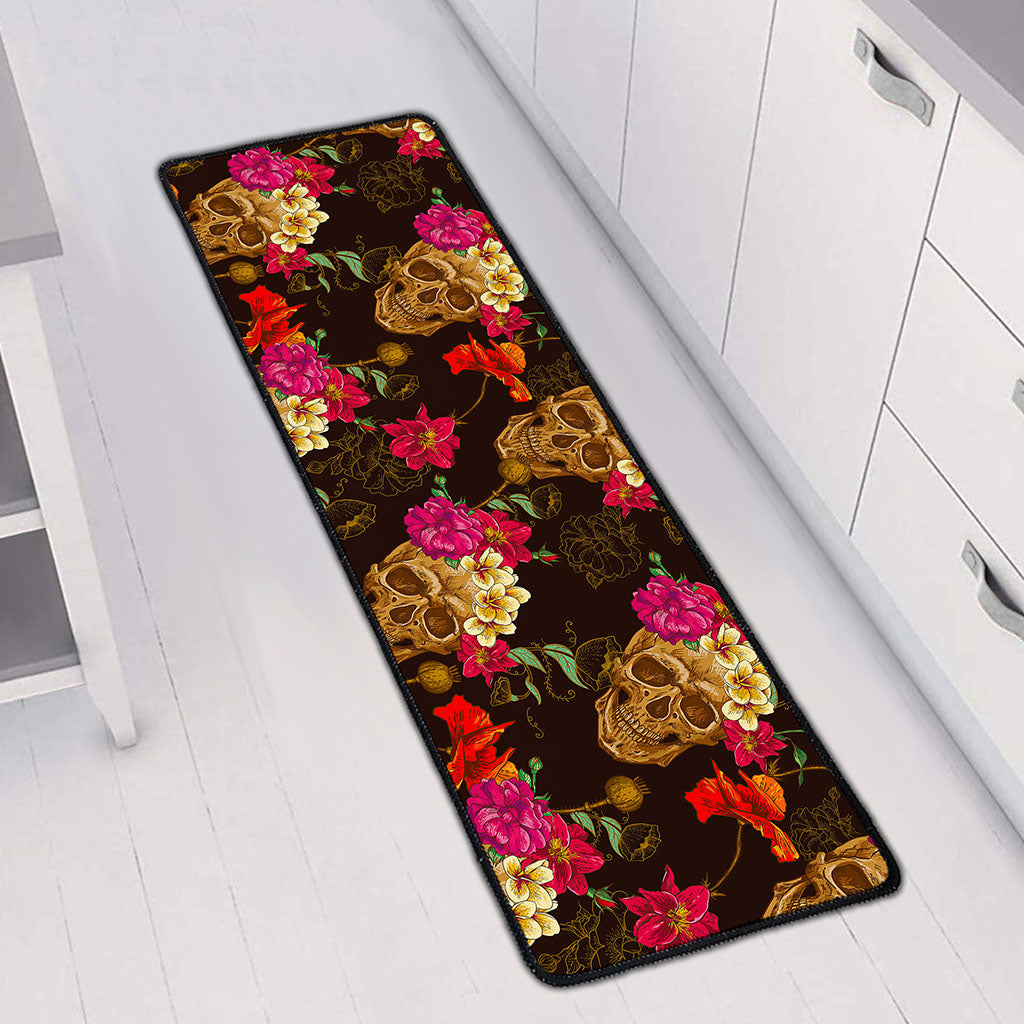 Vintage Flowers Skull Pattern Print Long Kitchen Mat