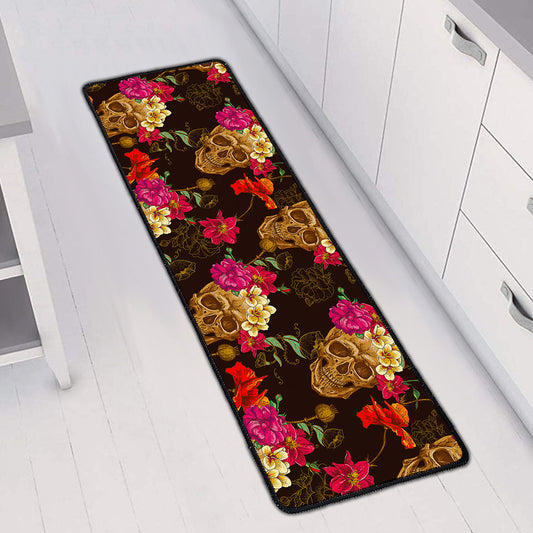 Vintage Flowers Skull Pattern Print Long Kitchen Mat