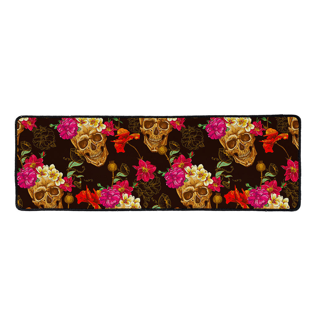 Vintage Flowers Skull Pattern Print Long Kitchen Mat
