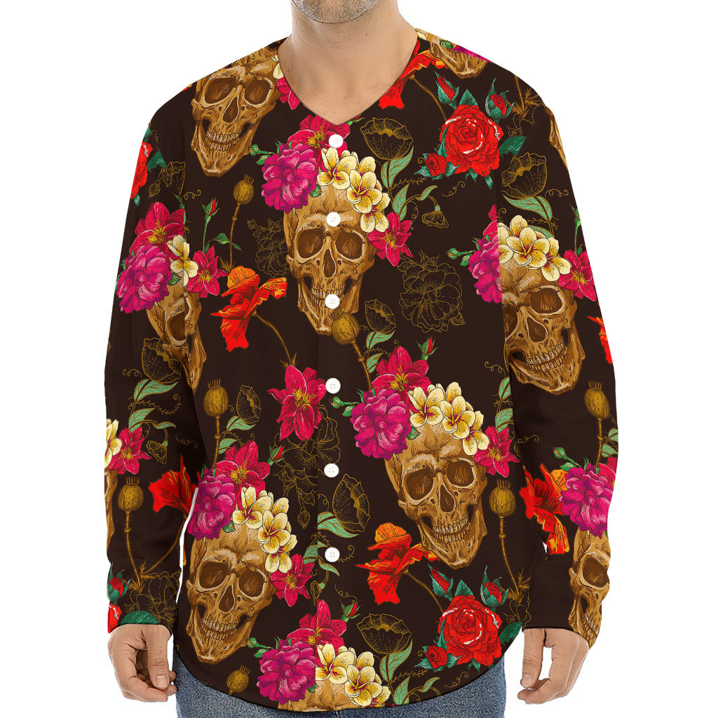 Vintage Flowers Skull Pattern Print Long Sleeve Baseball Jersey