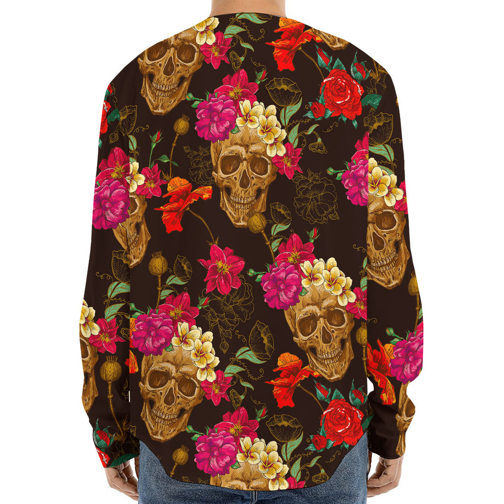 Vintage Flowers Skull Pattern Print Long Sleeve Baseball Jersey