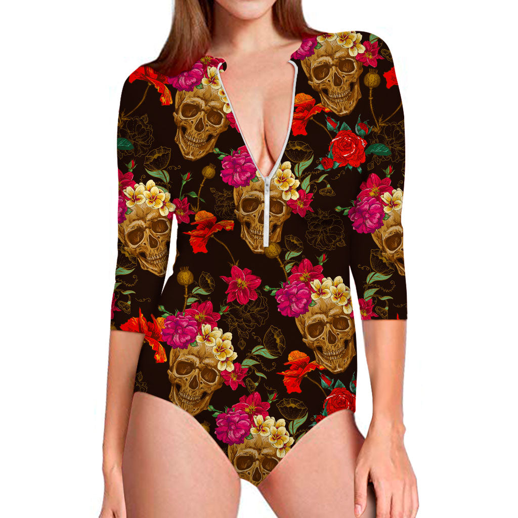 Vintage Flowers Skull Pattern Print Long Sleeve Swimsuit