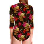Vintage Flowers Skull Pattern Print Long Sleeve Swimsuit