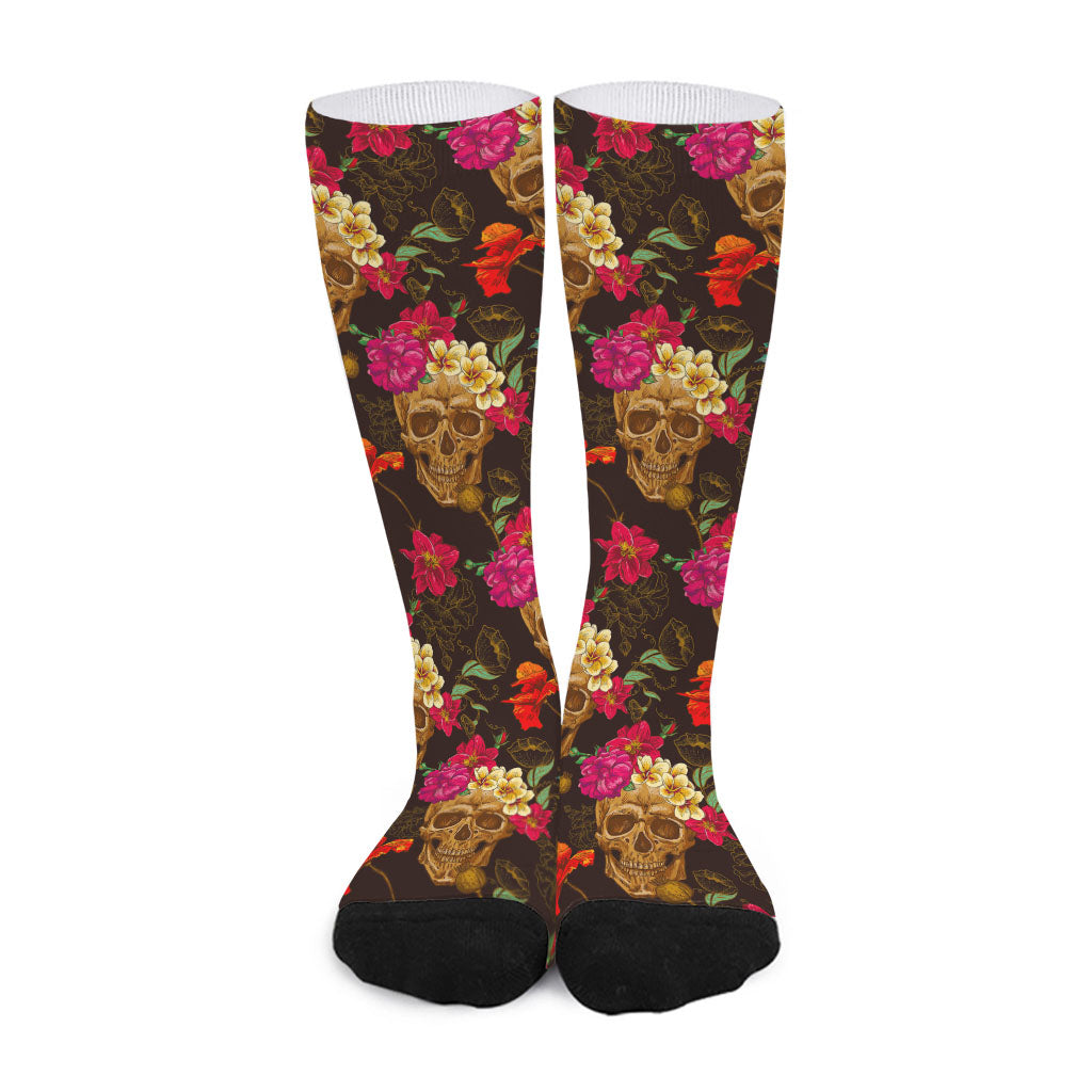 Vintage Flowers Skull Pattern Print Long Socks