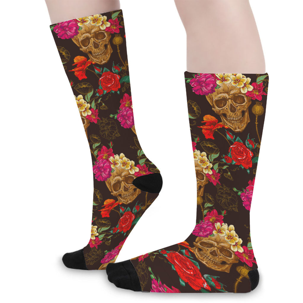 Vintage Flowers Skull Pattern Print Long Socks