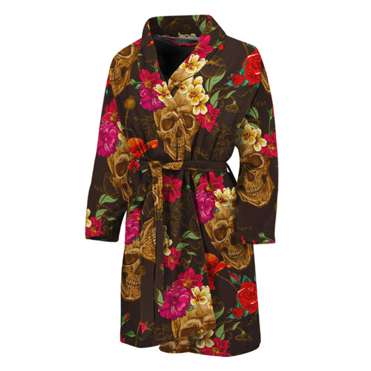 Vintage Flowers Skull Pattern Print Men's Bathrobe