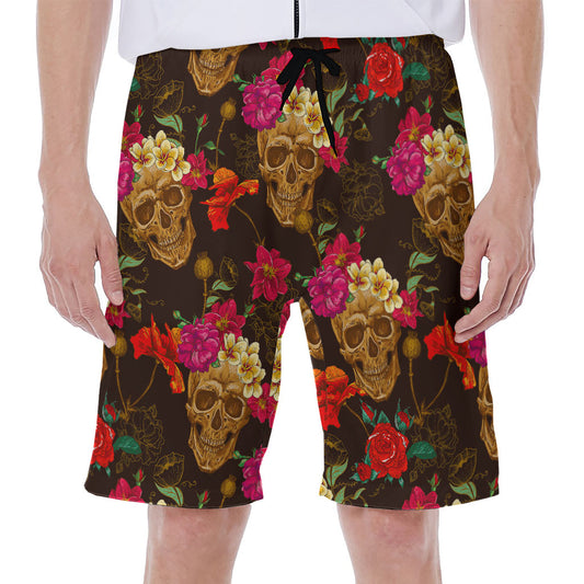 Vintage Flowers Skull Pattern Print Men's Beach Shorts