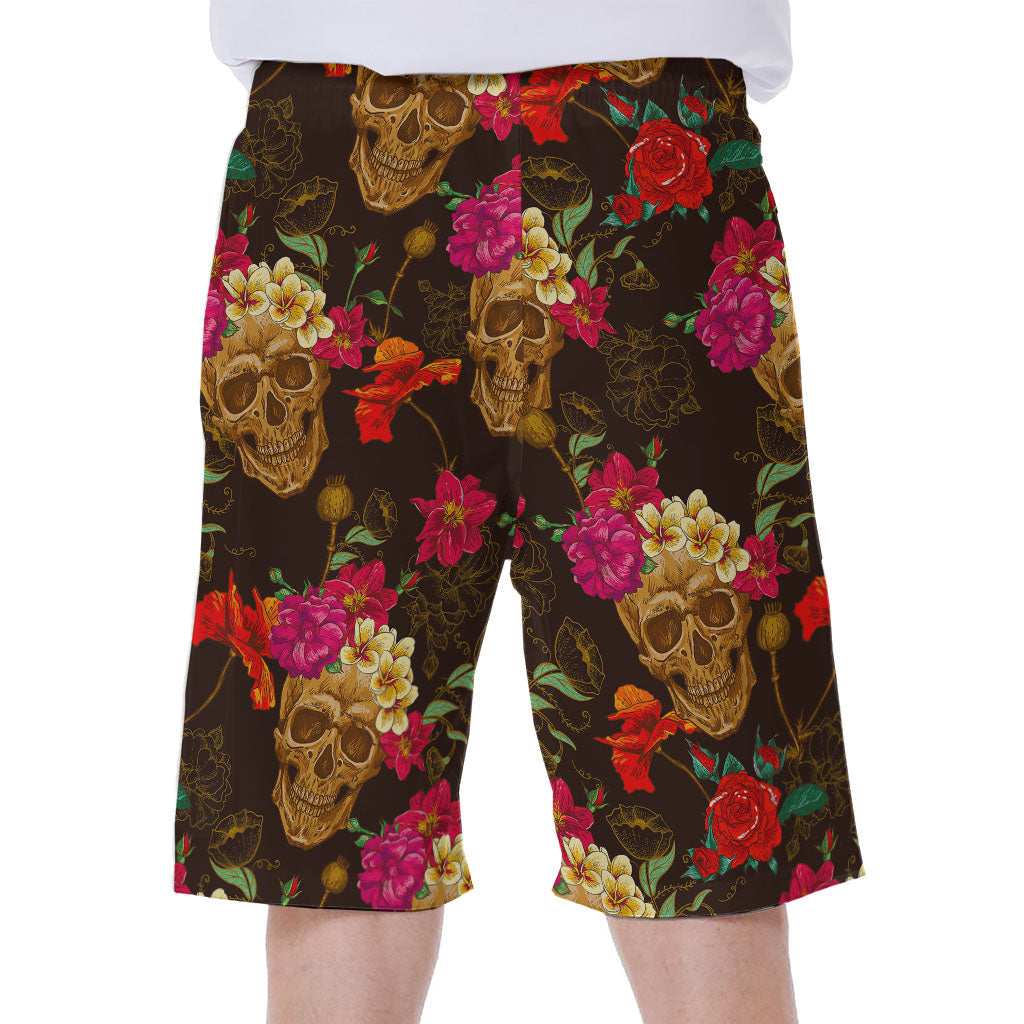 Vintage Flowers Skull Pattern Print Men's Beach Shorts