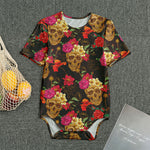Vintage Flowers Skull Pattern Print Men's Bodysuit