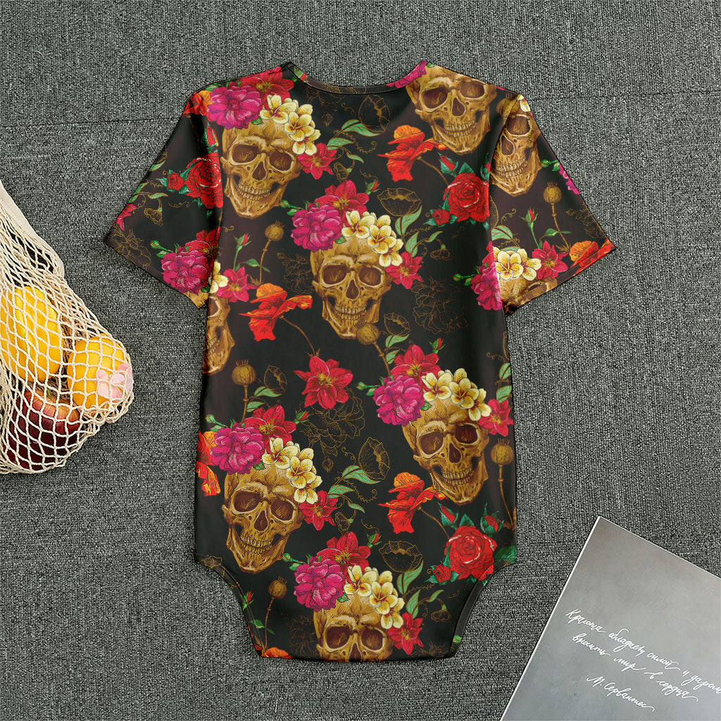 Vintage Flowers Skull Pattern Print Men's Bodysuit