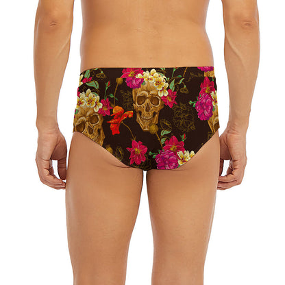 Vintage Flowers Skull Pattern Print Men's Briefs