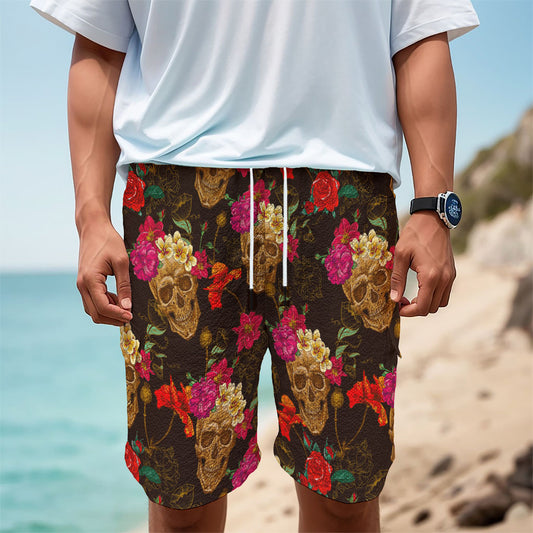Vintage Flowers Skull Pattern Print Men's Cargo Shorts