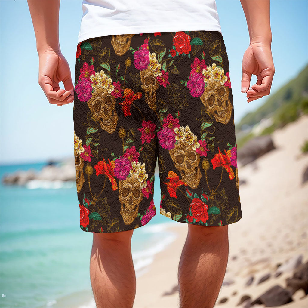Vintage Flowers Skull Pattern Print Men's Cargo Shorts