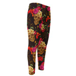 Vintage Flowers Skull Pattern Print Men's Compression Pants