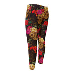 Vintage Flowers Skull Pattern Print Men's Compression Pants