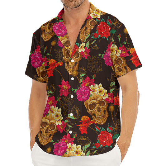 Vintage Flowers Skull Pattern Print Men's Deep V-Neck Shirt