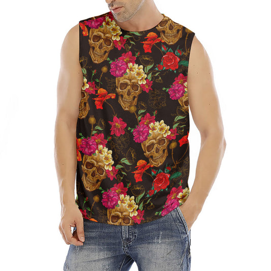 Vintage Flowers Skull Pattern Print Men's Fitness Tank Top