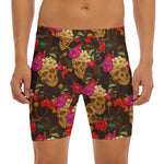 Vintage Flowers Skull Pattern Print Men's Long Boxer Briefs