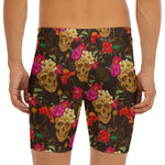 Vintage Flowers Skull Pattern Print Men's Long Boxer Briefs