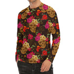 Vintage Flowers Skull Pattern Print Men's Long Sleeve Rash Guard
