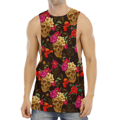 Vintage Flowers Skull Pattern Print Men's Muscle Tank Top