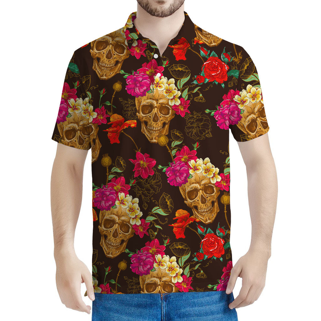 Vintage Flowers Skull Pattern Print Men's Polo Shirt