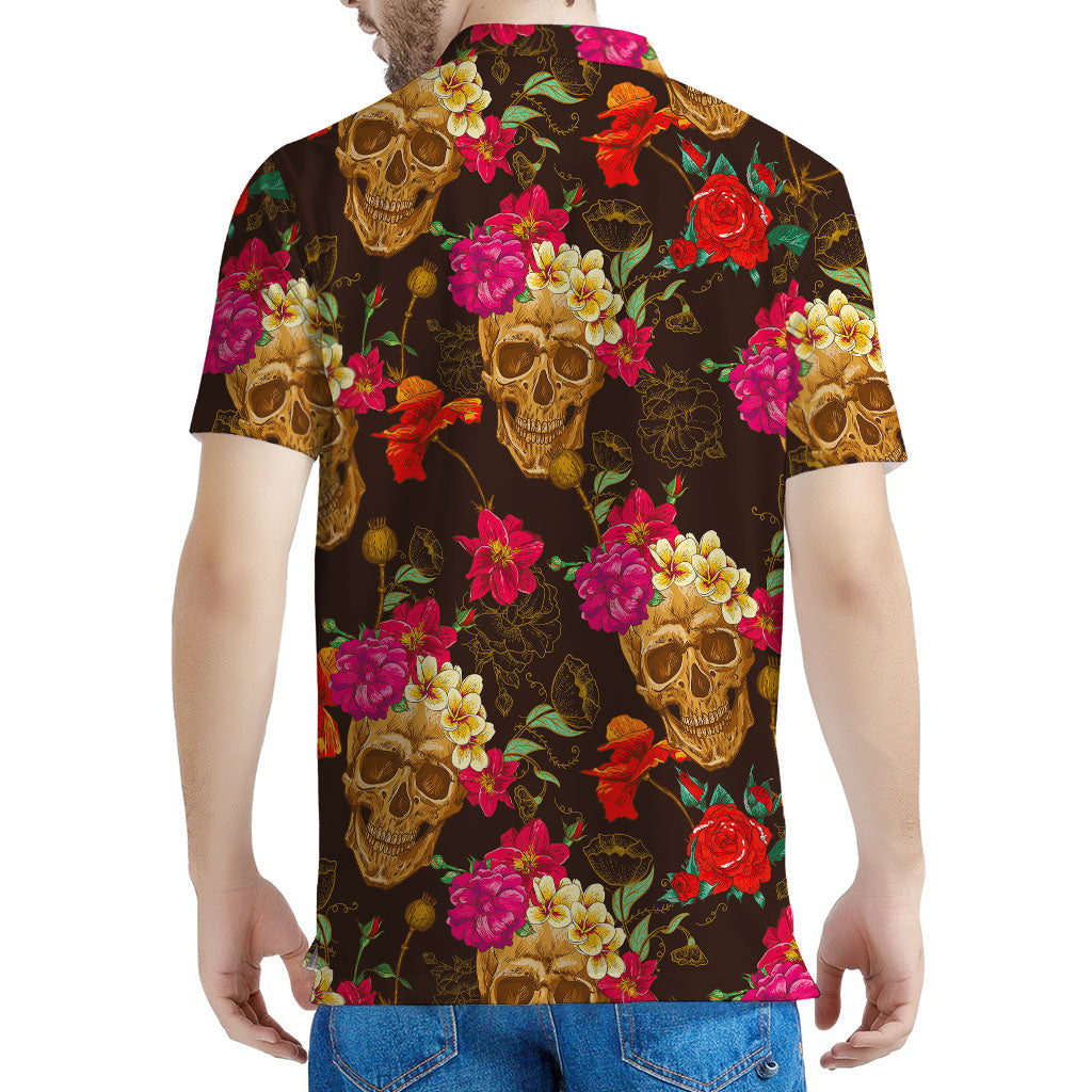 Vintage Flowers Skull Pattern Print Men's Polo Shirt