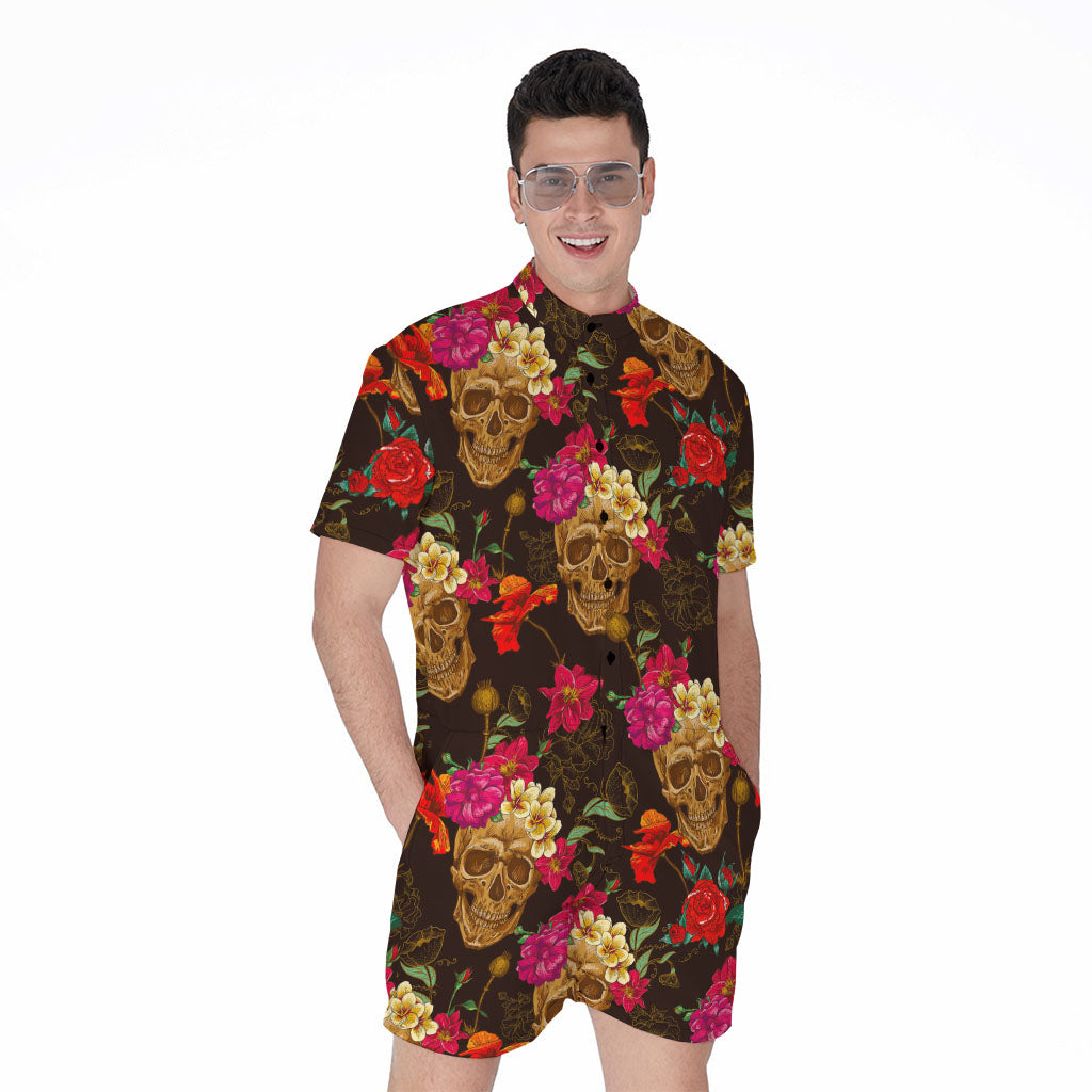 Vintage Flowers Skull Pattern Print Men's Rompers