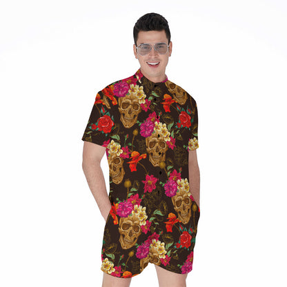 Vintage Flowers Skull Pattern Print Men's Rompers