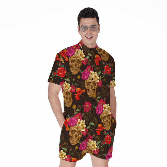 Vintage Flowers Skull Pattern Print Men's Rompers