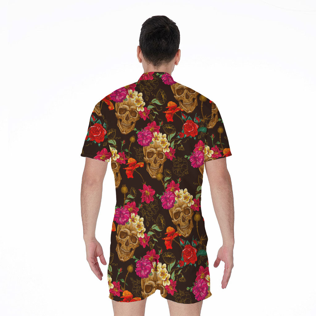 Vintage Flowers Skull Pattern Print Men's Rompers