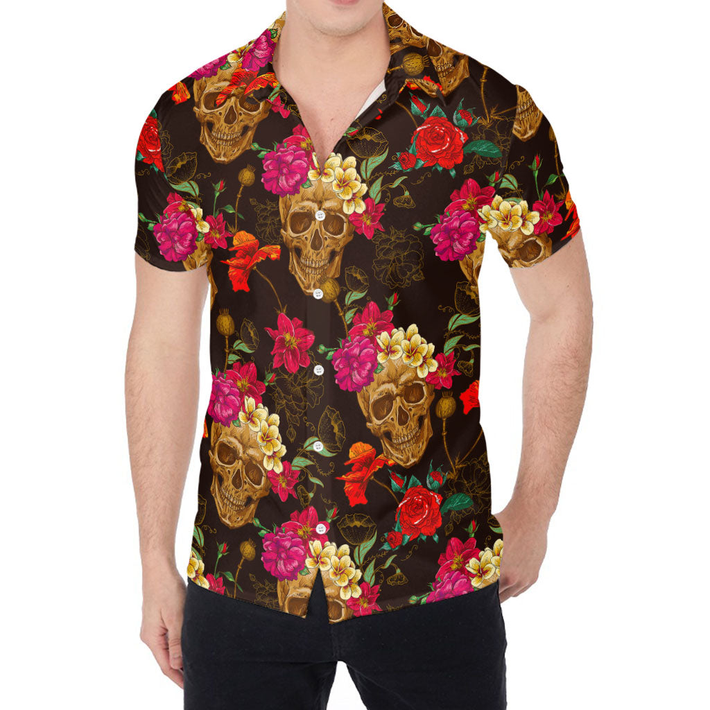 Vintage Flowers Skull Pattern Print Men's Shirt