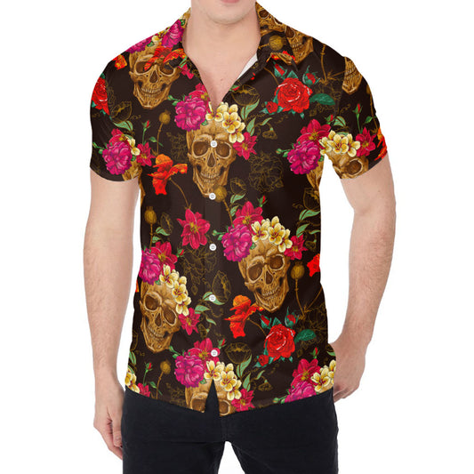 Vintage Flowers Skull Pattern Print Men's Shirt