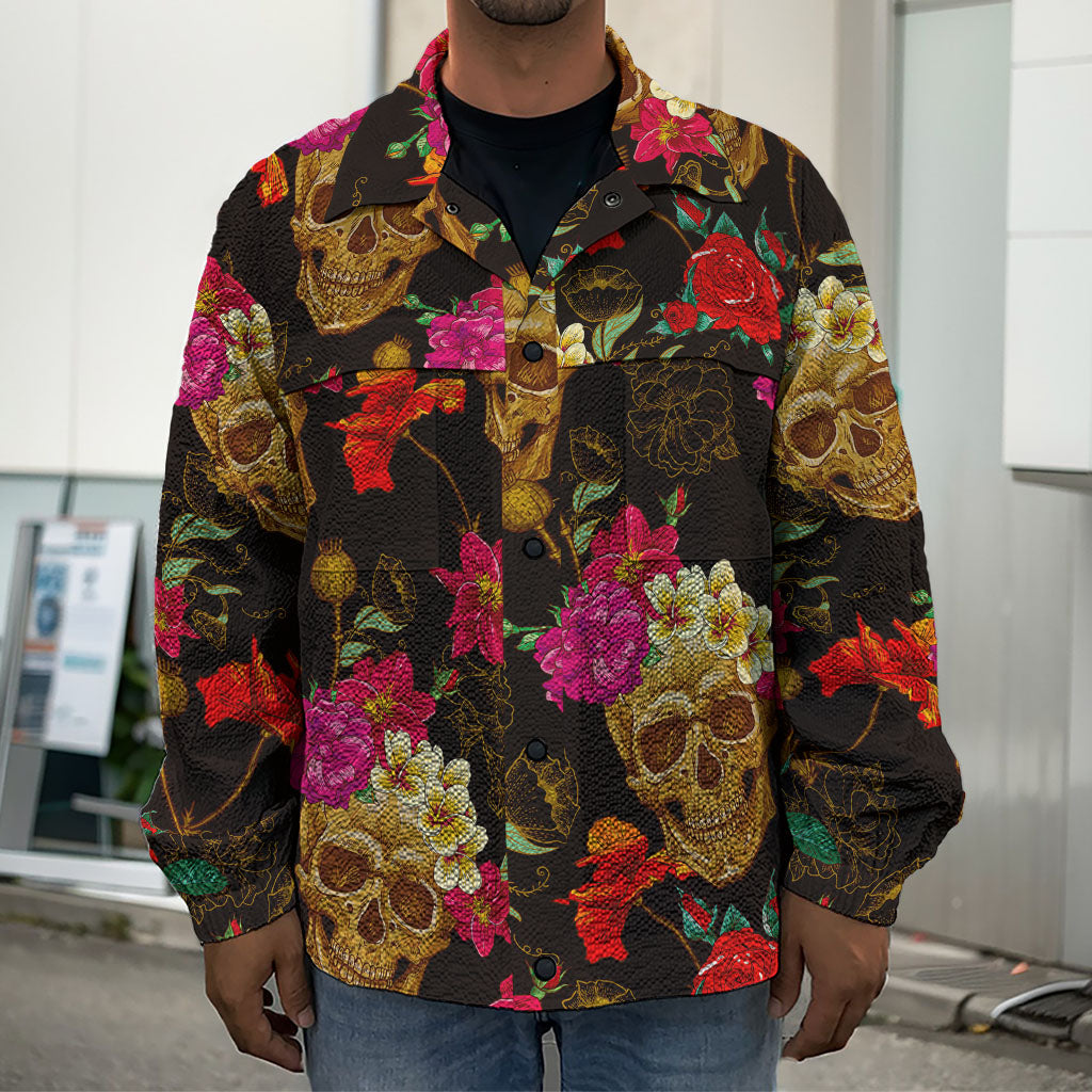 Vintage Flowers Skull Pattern Print Men's Shirt Jacket
