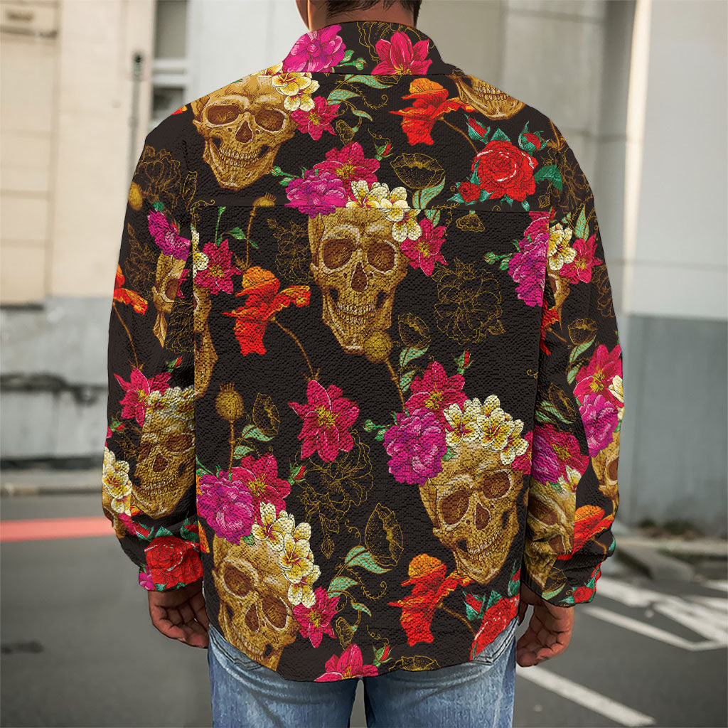 Vintage Flowers Skull Pattern Print Men's Shirt Jacket