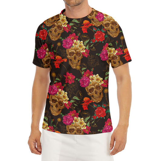 Vintage Flowers Skull Pattern Print Men's Short Sleeve Rash Guard