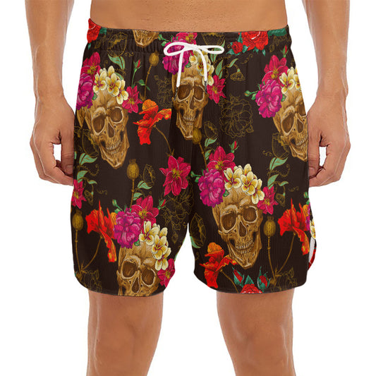Vintage Flowers Skull Pattern Print Men's Split Running Shorts
