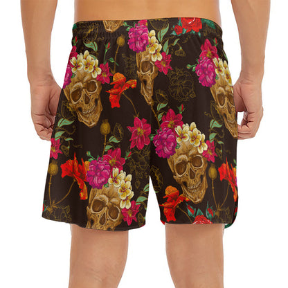 Vintage Flowers Skull Pattern Print Men's Split Running Shorts