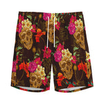 Vintage Flowers Skull Pattern Print Men's Sports Shorts