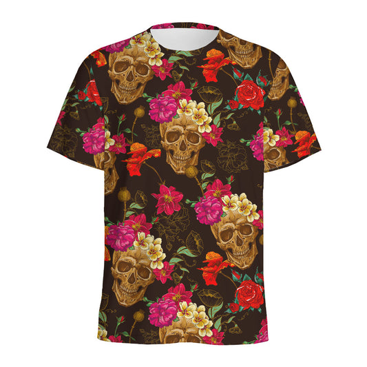 Vintage Flowers Skull Pattern Print Men's Sports T-Shirt