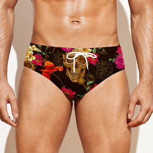 Vintage Flowers Skull Pattern Print Men's Swim Briefs
