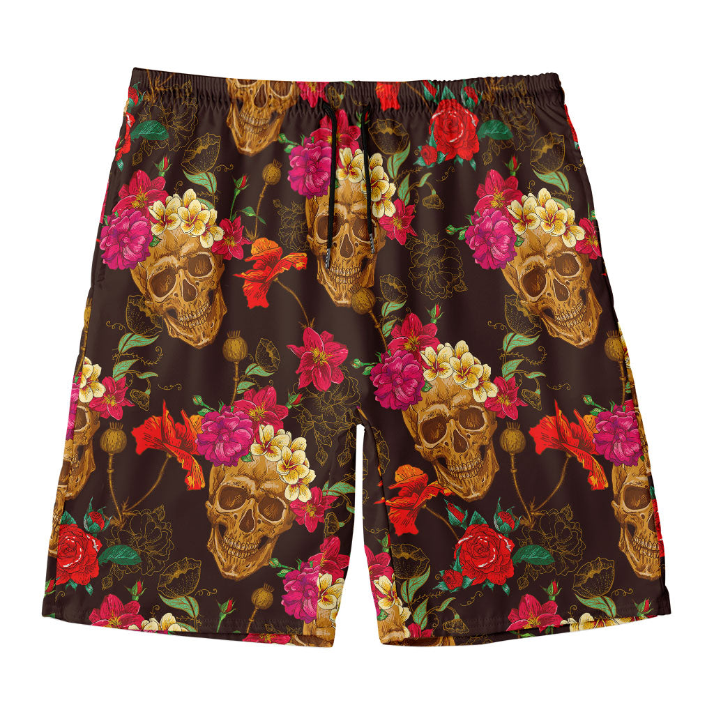 Vintage Flowers Skull Pattern Print Men's Swim Trunks