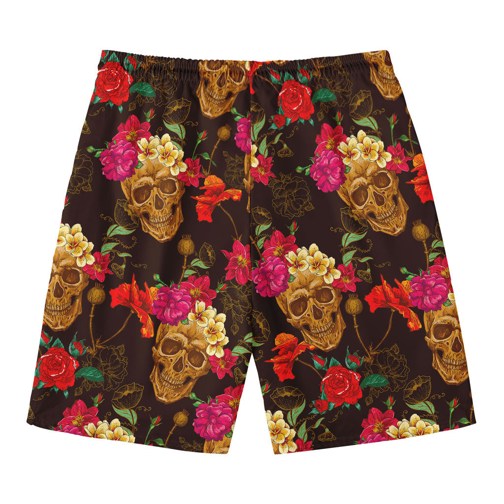 Vintage Flowers Skull Pattern Print Men's Swim Trunks