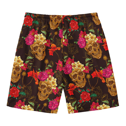 Vintage Flowers Skull Pattern Print Men's Swim Trunks