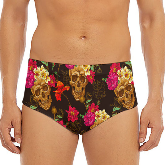 Vintage Flowers Skull Pattern Print Men's Triangle Swim Briefs