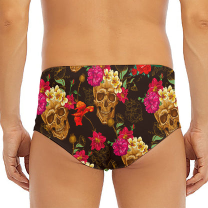 Vintage Flowers Skull Pattern Print Men's Triangle Swim Briefs