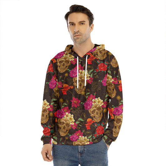 Vintage Flowers Skull Pattern Print Men's Velvet Pullover Hoodie