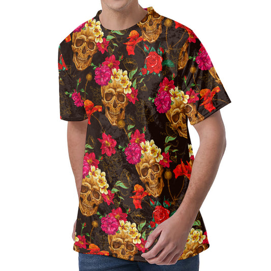 Vintage Flowers Skull Pattern Print Men's Velvet T-Shirt