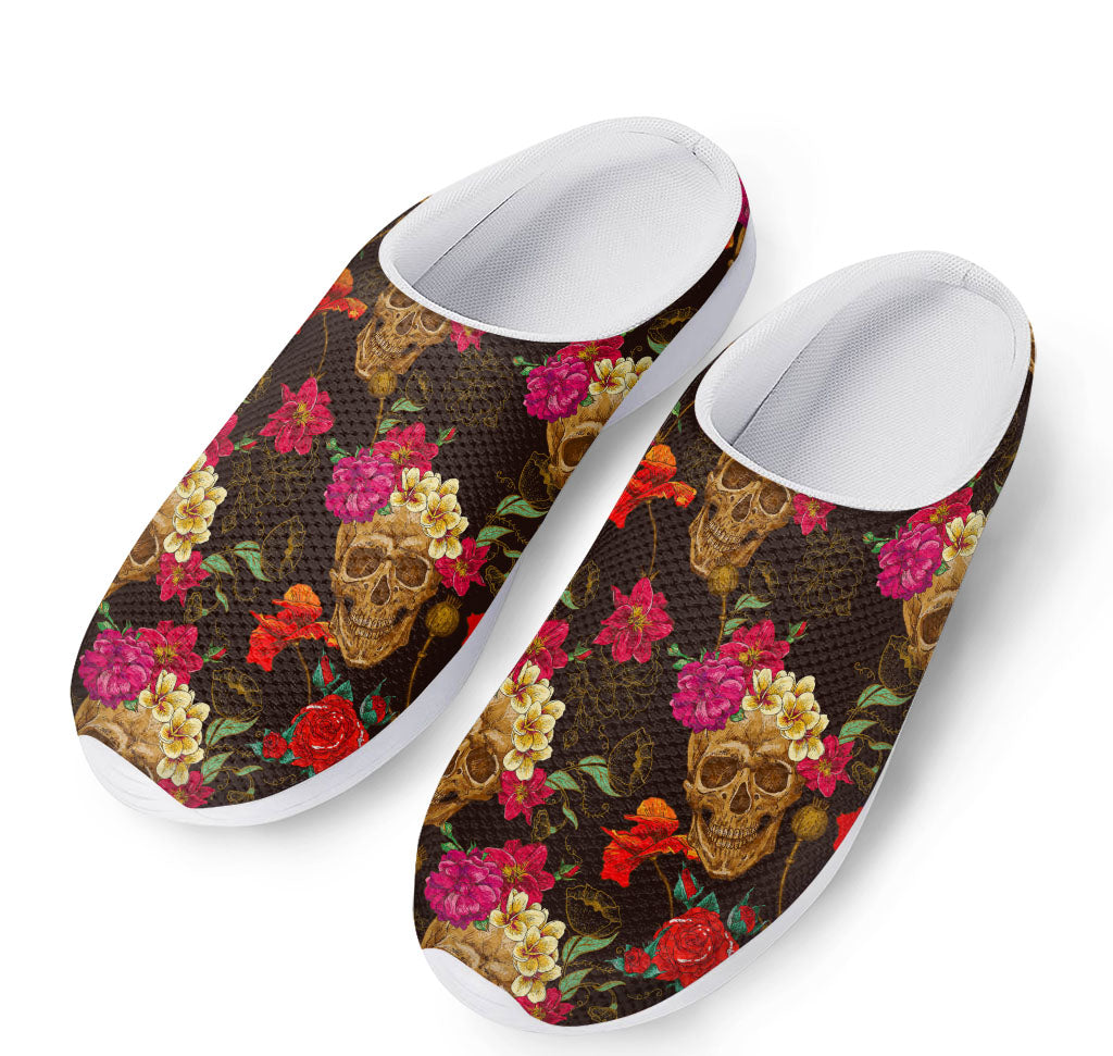 Vintage Flowers Skull Pattern Print Mesh Casual Shoes